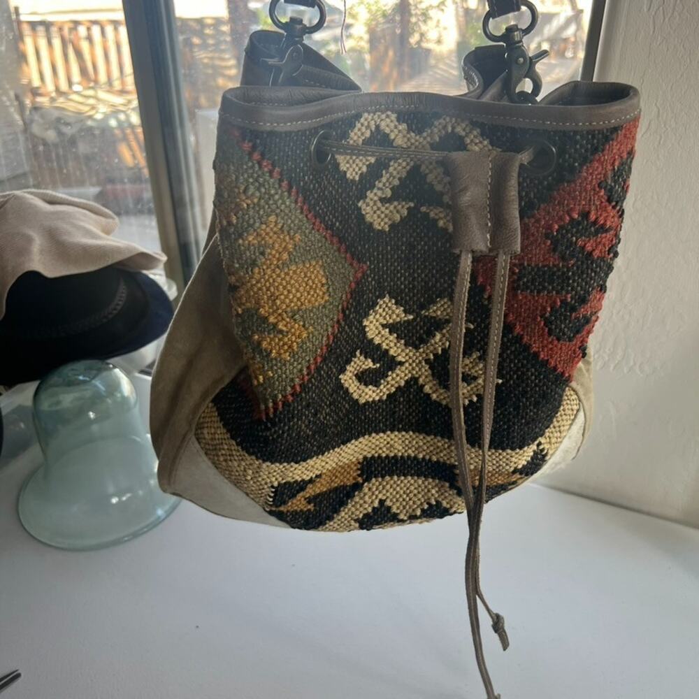 OHLAY Bucket Bag Milano Espec Drawstring Hair-On Genuine Leather Aztec Rug Woven - Picture 4 of 15